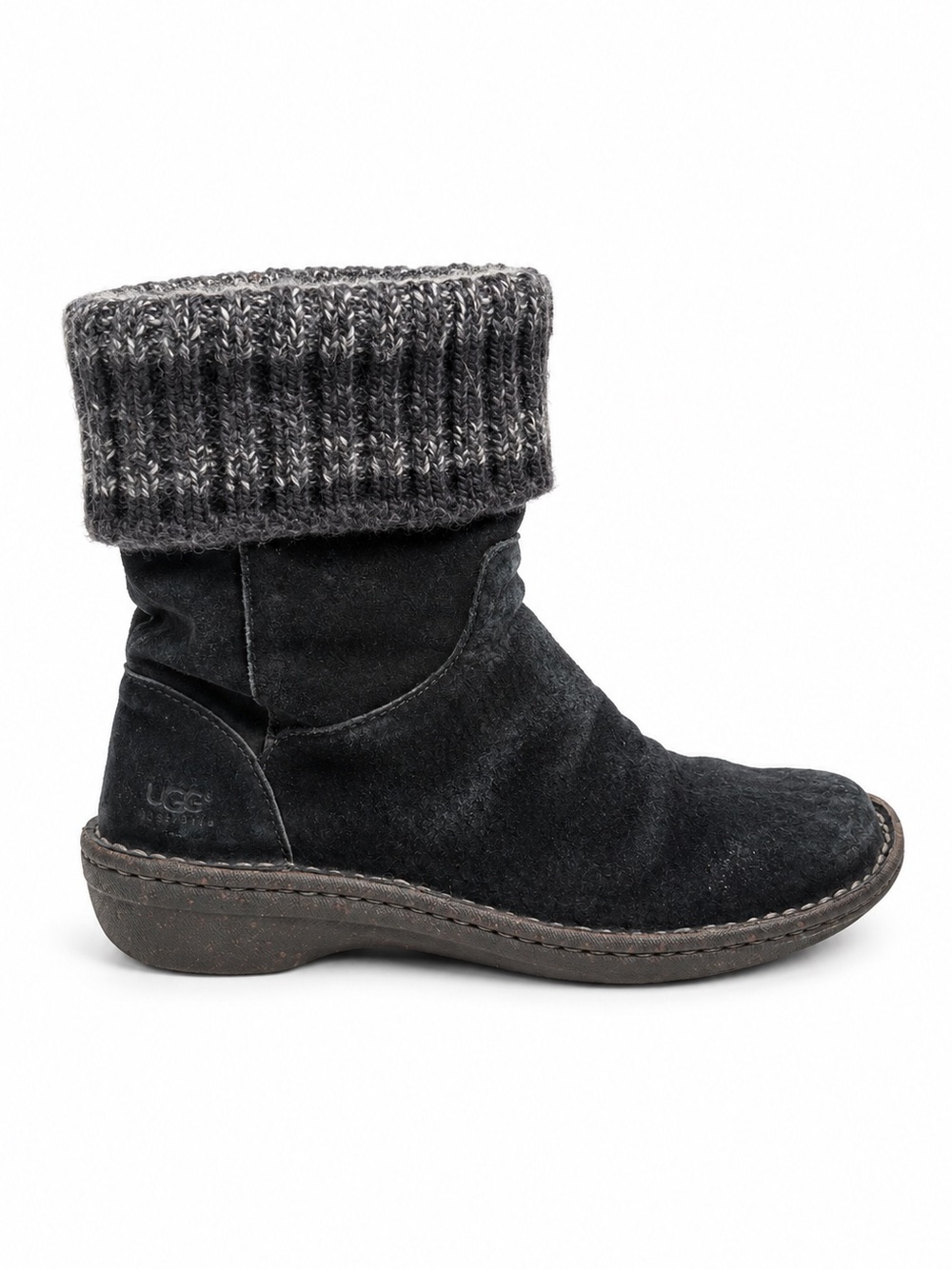 UGG Kaylana Suede Knit Cuff Shearling Lined Boots Black Gray Size 7